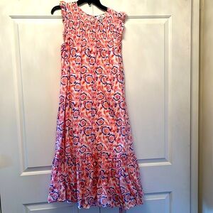 Vineyard Vines pink coral blue floral sleeveless ruffled maxi dress